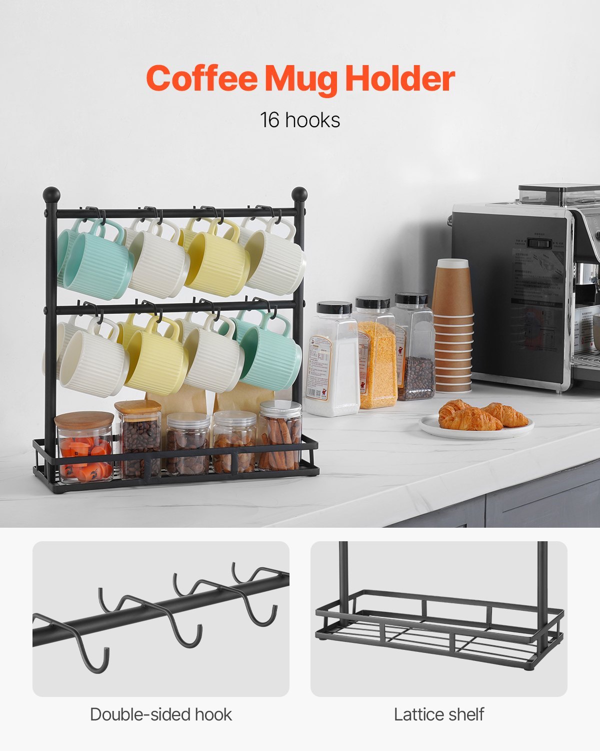 US Local Coffee Mug Holder For Countertop 16 Hooks Cup Rack With Storage Base Organizer
