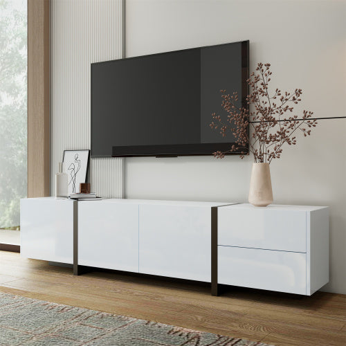 UK Local TV Cabinet, White High-gloss Cabinet And Black Contrasting Table Legs, With Simple Cabinet Doors And Drawers.