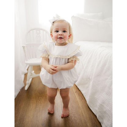 US Local Baby Girl White Lace Romper Soft & Stylish Short Sleeve Bubble Jumpsuit For Wedding Season & Summer