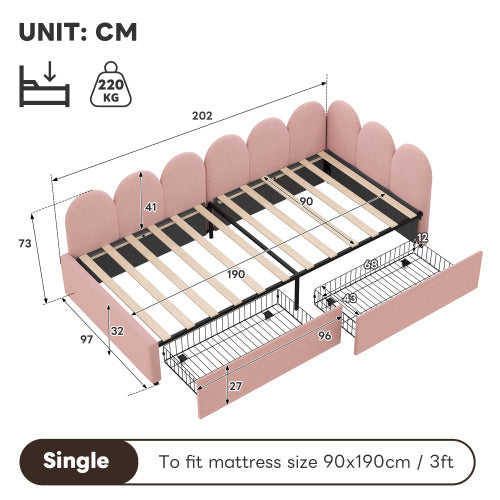 UK Local 3ft Single Daybed With Two Storage Drawers, Modern Youth Bed Frame With Wooden Slats, Velvet Sofa Bed For Living Room Bedroom Study Room, 90X190cm, Easy Assembly, Cream White