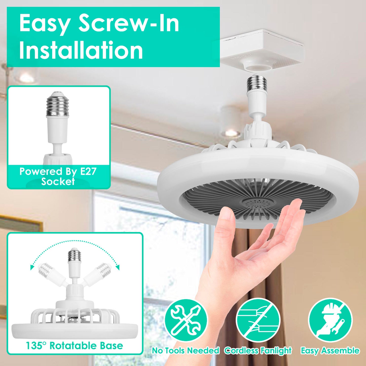 US Local White-Grey Options -- 1Pc Ceiling Fan With Lights Remote Control 9.44in E27 Socket Fanlight With Dimmable Dimming Light Color Brightness 3 Fan Speed Timer Function