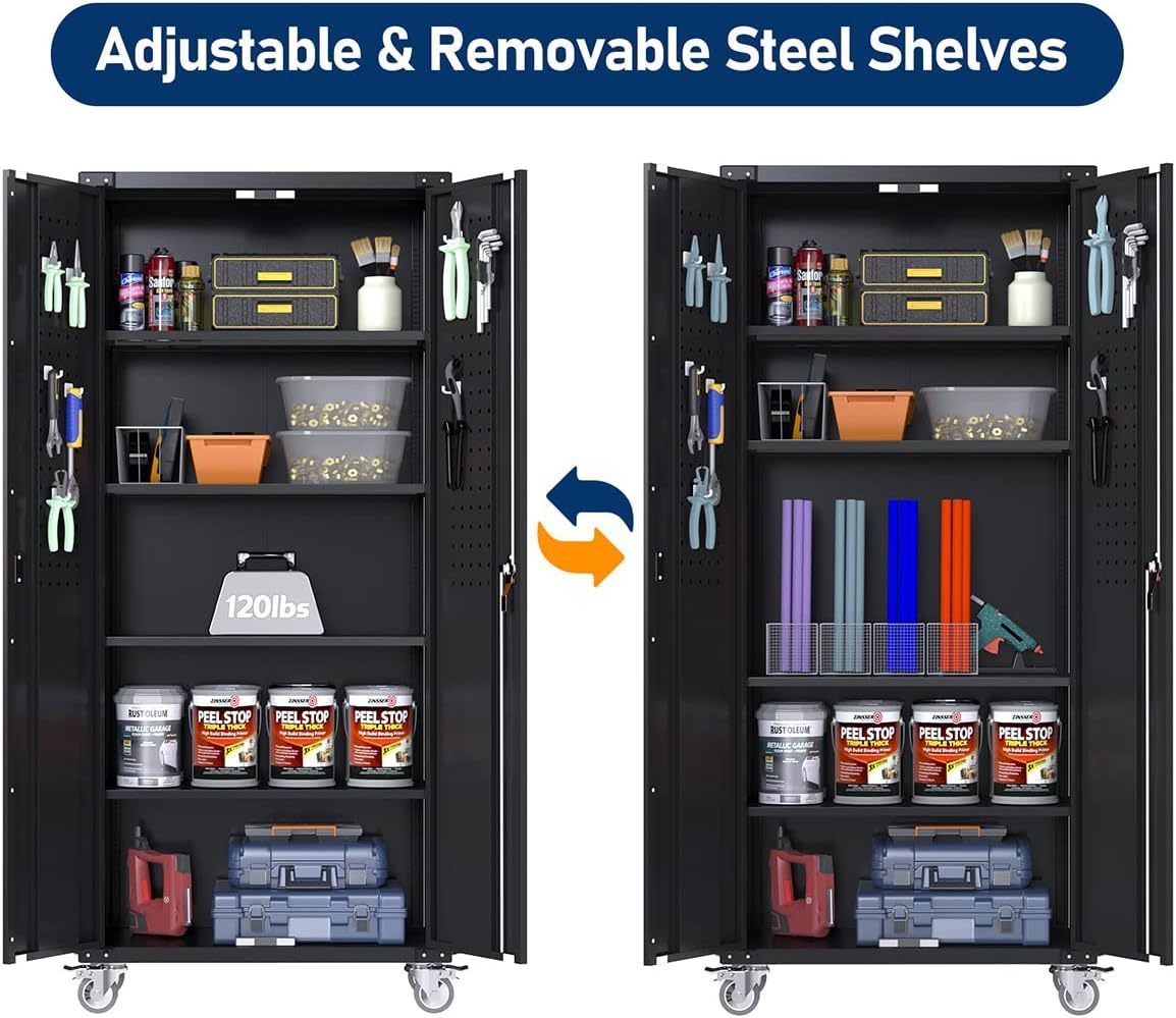 US Local Garage Storage Cabinet With Wheels & Pegboard, H Locking Metal Storage Cabinet With Doors And 4 Adjustable Shelves For Garage Workshop Home, Assembly Required, Black