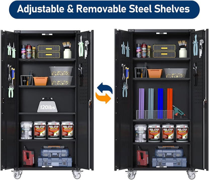 US Local Garage Storage Cabinet With Wheels & Pegboard, H Locking Metal Storage Cabinet With Doors And 4 Adjustable Shelves For Garage Workshop Home, Assembly Required, Black