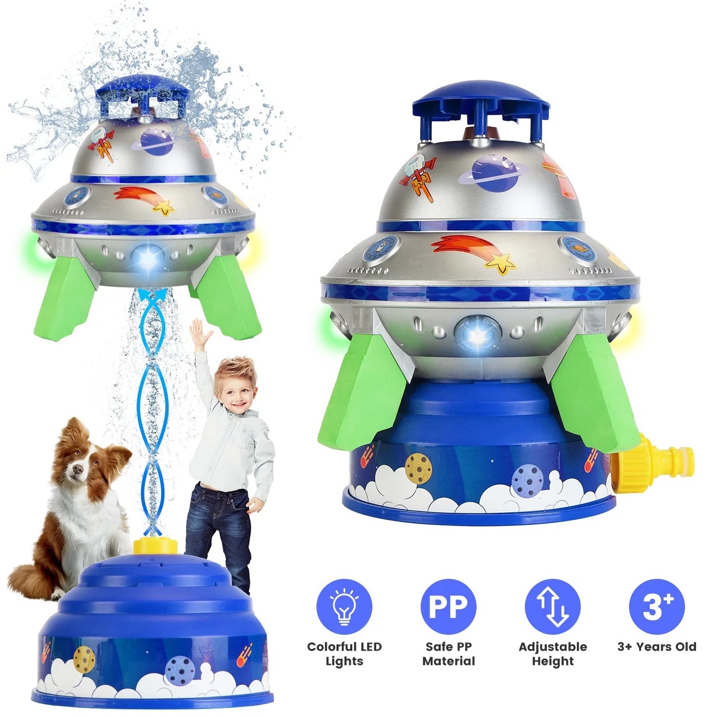 US Local UFO Water Sprinkler Outdoor Summer Rocket Toy With Colorful LED Lights Spinning 1.64FT To 6.56FT Adjustable Height Birthday Summer Gift For Girls Boys Aged Years Old GPCT5465