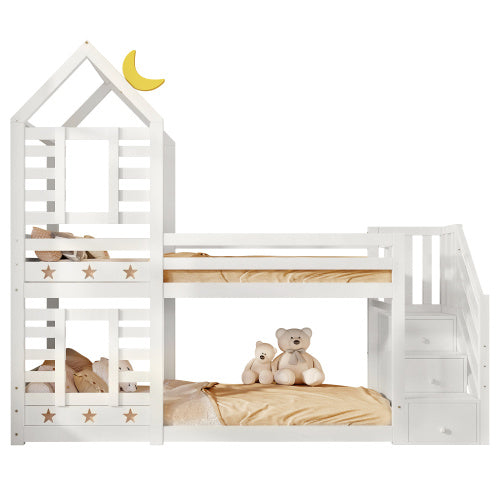 UK Local Bunk Bed Storage Children Cabin Bed Single Bed With Window For Kids, Twin Sleeper 190x90 Cm, Solid Pine Wood,3FT -White