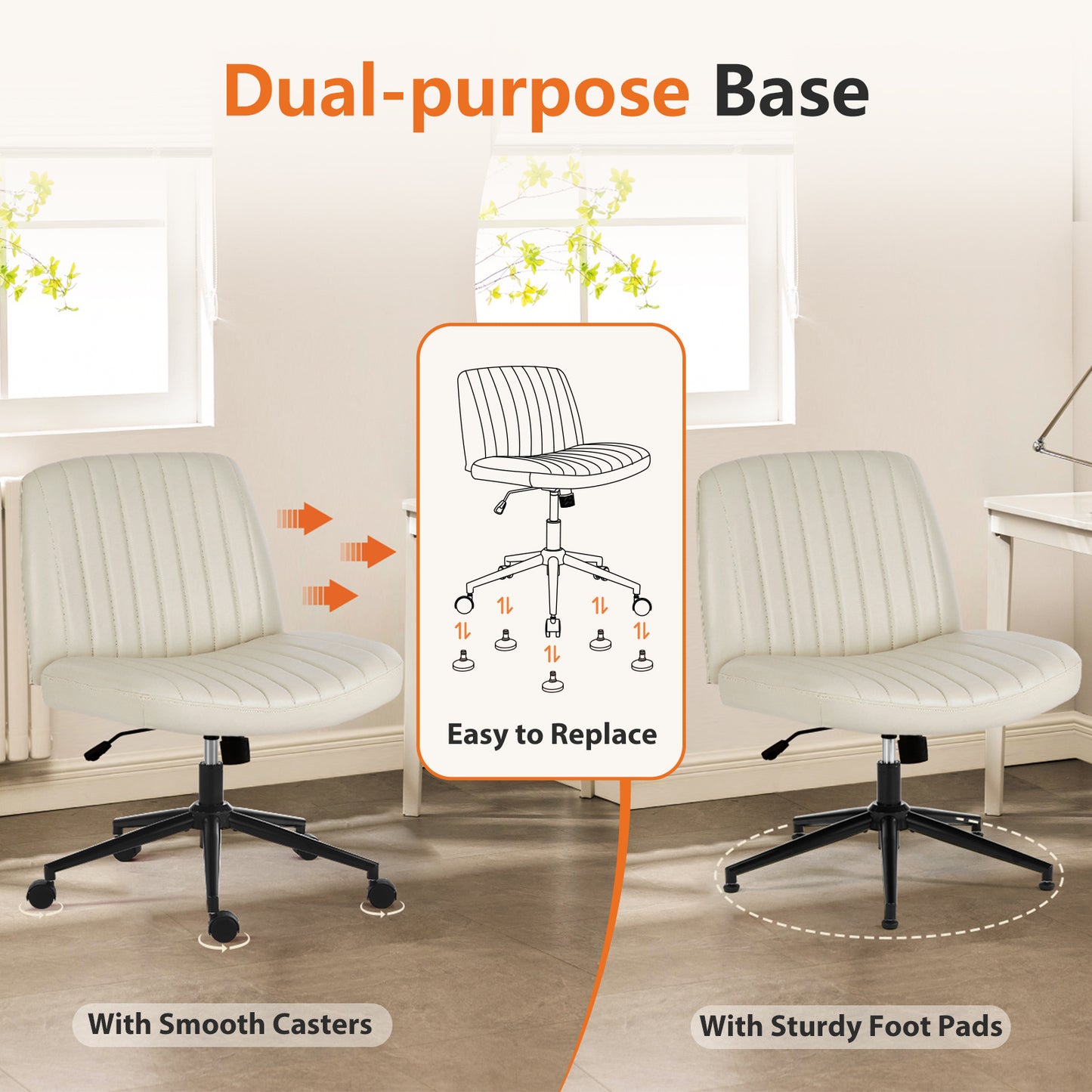 US Local Office Desk Vanity Chair Cross Legged Armless Swivel Fabric Height Adjustable Wide Seat With Replaceable Wheels-Fixed Base, Comfy Task Chair Padded