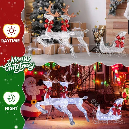 US Local 3-Piece Lighted Set Of 2 Reindeer & Sleigh, Weather Proof Christmas Outdoor Decorations With Pre-lit 270 LED White Lights And Stakes For Xmas Outdoor Holiday Indoor Decor Lighted Holiday Displays, Whi