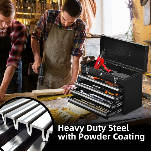 US Local Metal Tool Box With 4 Drawers Portable Steel Tool Chest With Metal Cylinder Lock And Latch Closure, Liner, Powder Coating, Suitable For Garage, Warehouse And Outdoor Repair Job-Black