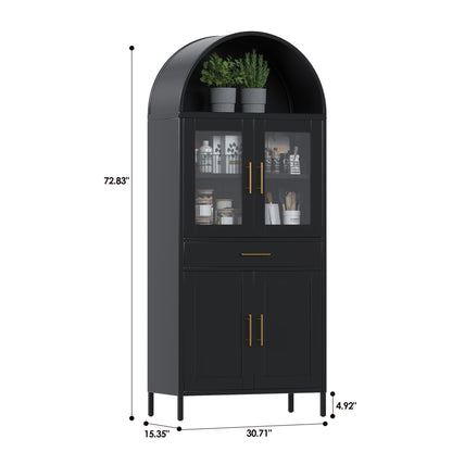 US Local 73 Inch Metal Tall Arched Display Cabinet, Metal Arched Bookshelf With Doors,Shelves,Drawers, Modern Freestanding Bookcase For Home Office Bar Living Room ,Black