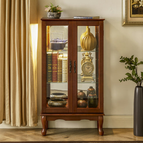 US Local Curio Cabinet Lighted Curio Diapaly Cabinet With Adjustable Shelves And Mirrored Back Panel, Tempered Glass Doors