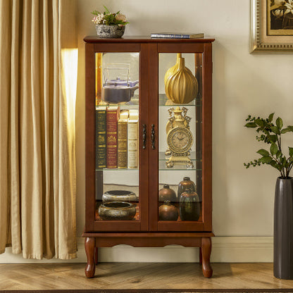 US Local Curio Cabinet Lighted Curio Diapaly Cabinet With Adjustable Shelves And Mirrored Back Panel, Tempered Glass Doors