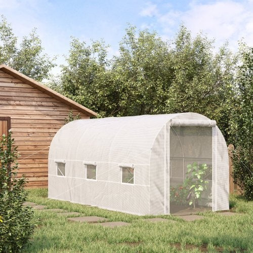 US Local Outsunny 15 X 7 X 7 Walk-In Tunnel Greenhouse, Large Garden Hot House Kit With 6 Roll-up Windows & Roll Up Door, Steel Frame, White