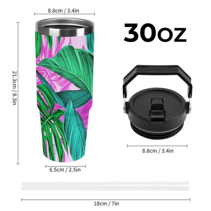 POD US Local Tumbler 30oz Large Capacity Car Cup Tropical, Monstera, Pink Background Style