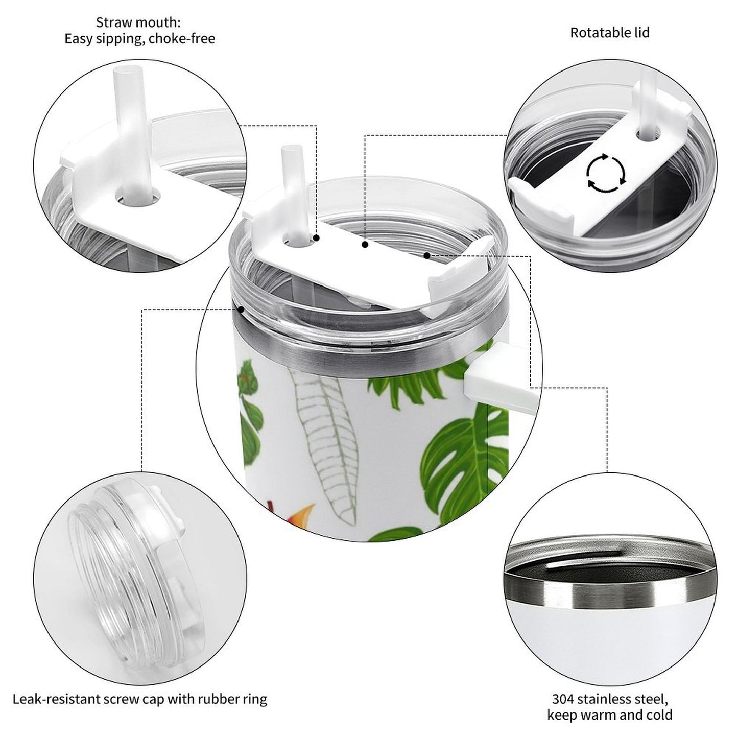 PHDT00219 POD US Local Tumbler 40oz Large Capacity Car Cup Tropical, Flower, Leaf