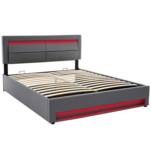 UK Local Upholstered Bed 150 X 200 Cm, King Size Bed-5ft,with USB Port Supports Wireless And Wired Charging, With LED Lighting And Storage Space, Without Mattress, PU Lychee Pattern, Grey