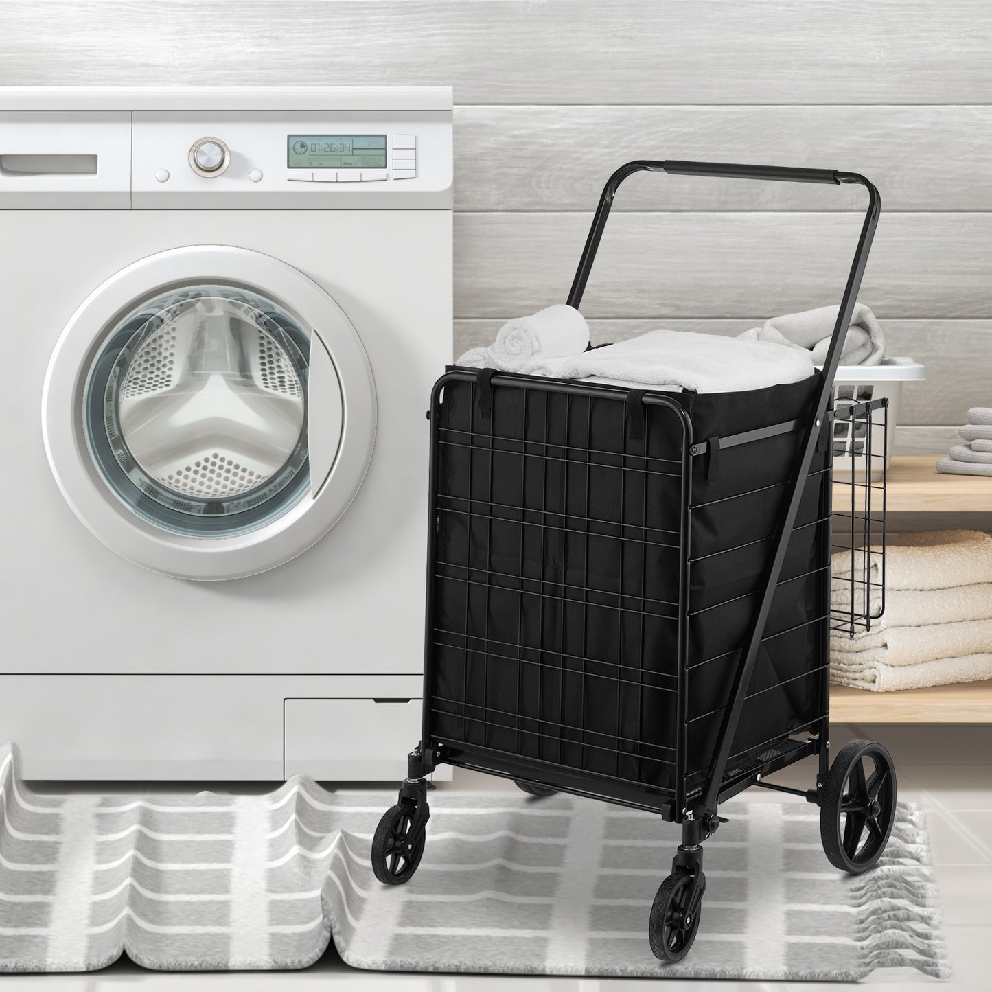 US Local VEVOR Folding Shopping Cart With Removable Waterproof Liner, 330LBS Large Capacity Jumbo Grocery Cart With Dual Basket,  Swivel Wheels, Dense Metal Mesh Base, Heavy Duty Utility Cart For Shopping