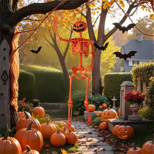 5.5ft Life-Size Halloween Skeleton With Pumpkin Head - Orange Color, Fully Poseable Joints Jaw Shoulders Knees , PP PE Material