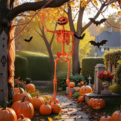 US Local 5.5ft Life-Size Halloween Skeleton With Pumpkin Head - Orange Color, Fully Poseable Joints Jaw Shoulders Knees , PP PE Material