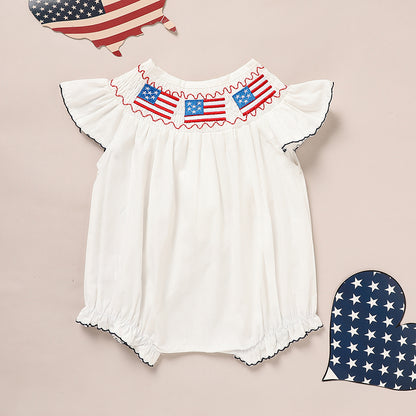 US Local Baby Girl 4th Of July Bubble Romper, Smocked Fly Sleeve Bodysuit With American Flag Embroidery