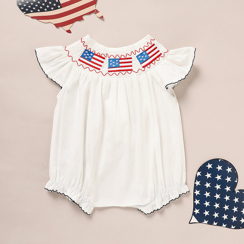 US Local Baby Girl 4th Of July Bubble Romper, Smocked Fly Sleeve Bodysuit With American Flag Embroidery