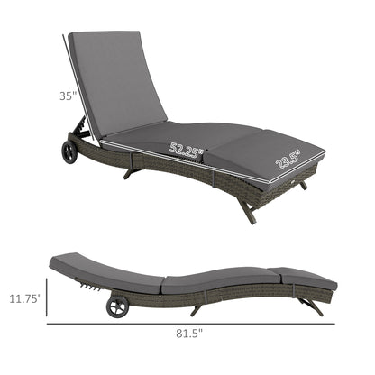 US Local Patio Wicker Chaise Lounge Chair, Outdoor PE Rattan Sun Lounger With Adjustable Backrest And 2 Wheels, Gray