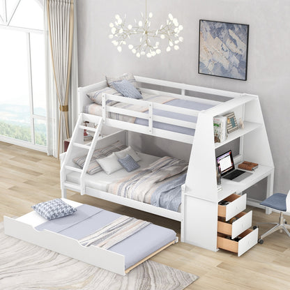 US Local Twin Full Bunk Bed W Trundle, Desk, 3 Drawers  Shelf - White