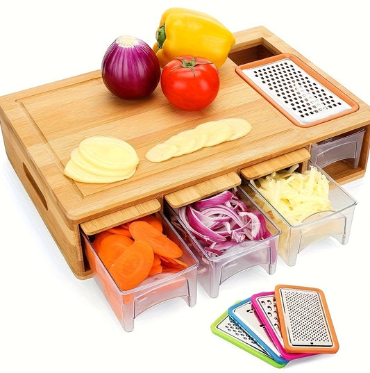 US Local Bamboo Cutting Board With Drawer, Including 4 Vegetable Cutters, 4 Trays With Lids, Container And Vegetable Peeler Set, Cutting Board, Kitchen Bamboo Cutting Board