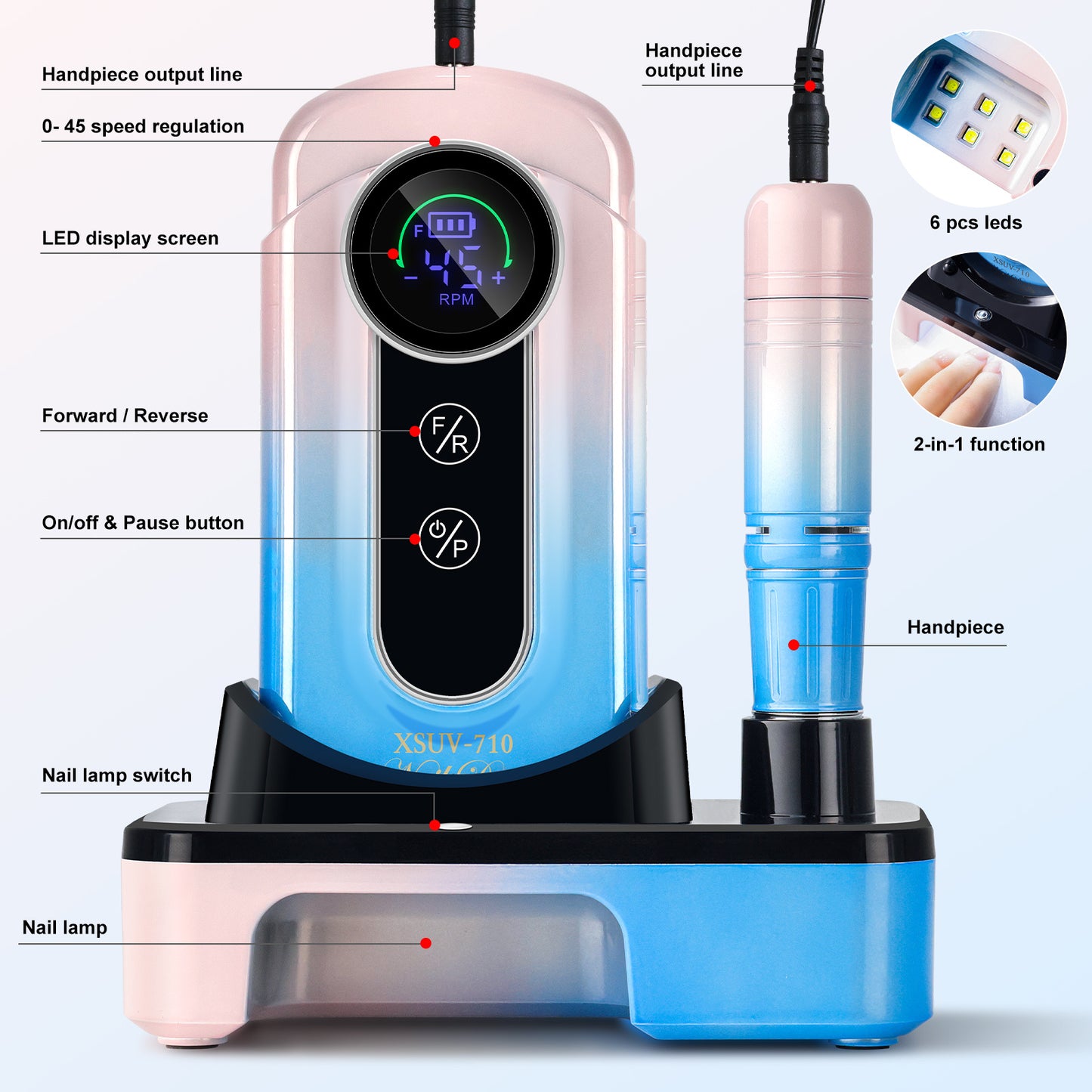 US Local Nail Drill, Portable Electric Nail File 45000RPM, Rechargeable Nail Drill Professional With Bits & Base, For Acrylic Gel Nails, E-File Machine, Manicure Polishing, For Salon Home