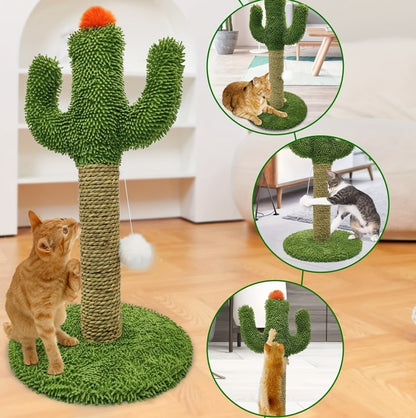 US Local Cactus Cat Climbing Tree 2-in-1 - Solid Wood Base Natural Sisal Scratching Pillar With Hanging Ball Toy, Indoor Cat Multi-level Activity Center