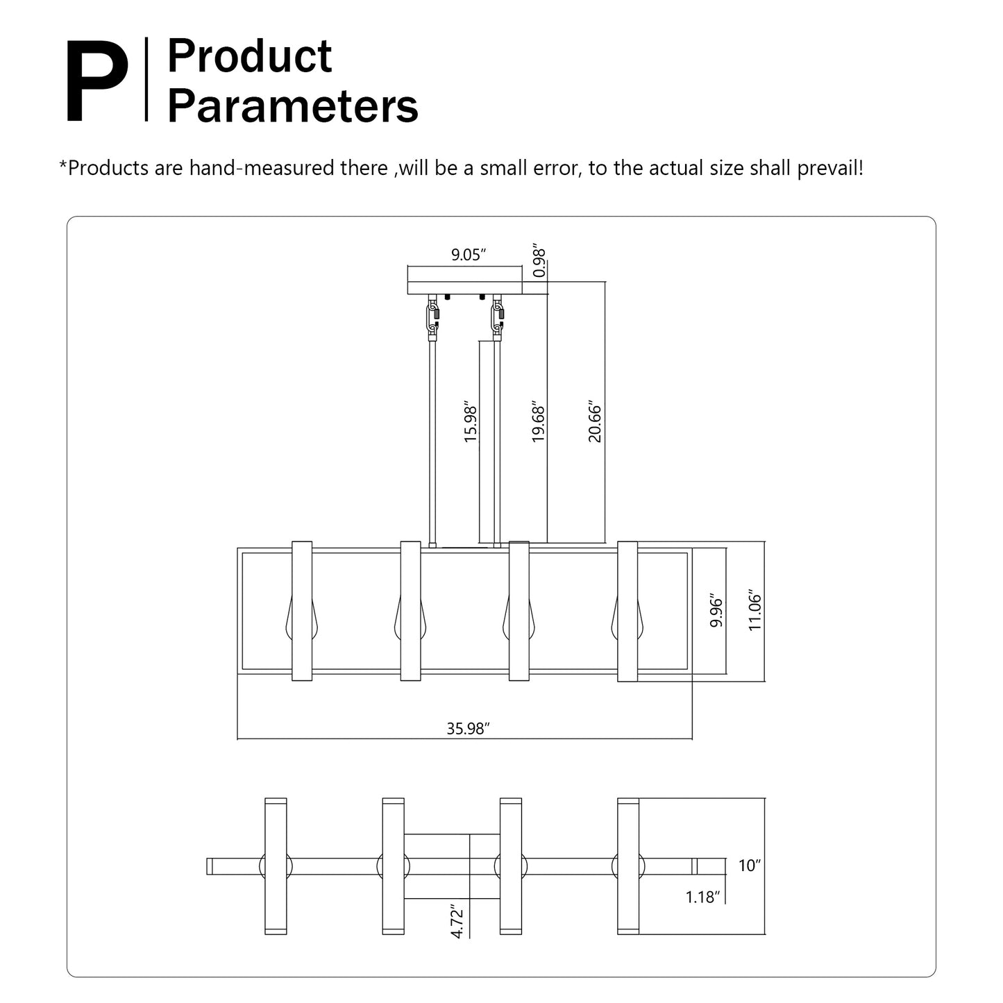 US Local 4-Light Kitchen Island Lights Pendant Light Farmhouse Dining Room Light Fixture, Rustic Wood And Black Metal Rectangular Chandelier, Hanging Lighting For Living Room,Conference Room, Home Office