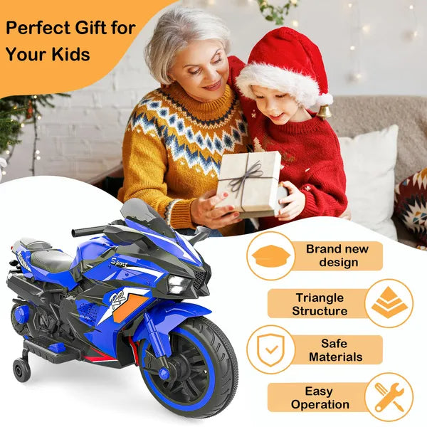 US Local Kids Powered Ride-ons Toy, Kids Motorcycle For 3-6 Years, 12V Electric Ride On Motorcycle With Light Wheel & Bluetooth Music-Blue