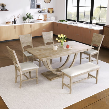 US Local TOPMAX 6-Piece Wood Half Round Dining Table Set With Long Bench & 4 Chairs