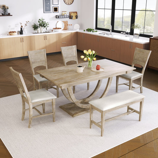 US Local TOPMAX 6-Piece Wood Half Round Dining Table Set With Long Bench & 4 Chairs