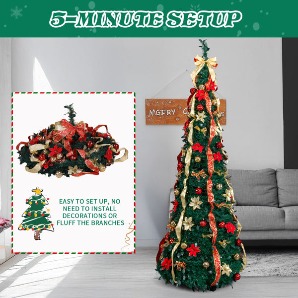 US Local 7 FT Fully Decorated Pre-lit Christmas Tree, Pop Up Artificial Xmas Tree With 200 Warm Lights Remote Control And Red & Golden Ornaments For Home Office Store Holiday Deco