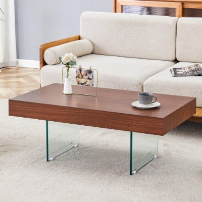 US Local Walnut Colored MDF Coffee Table - 39.3x21.6 With Tempered Glass Legs.Density Board Sticker,Reinforced Glass Legs.Walnut Colored Texture Sticker.