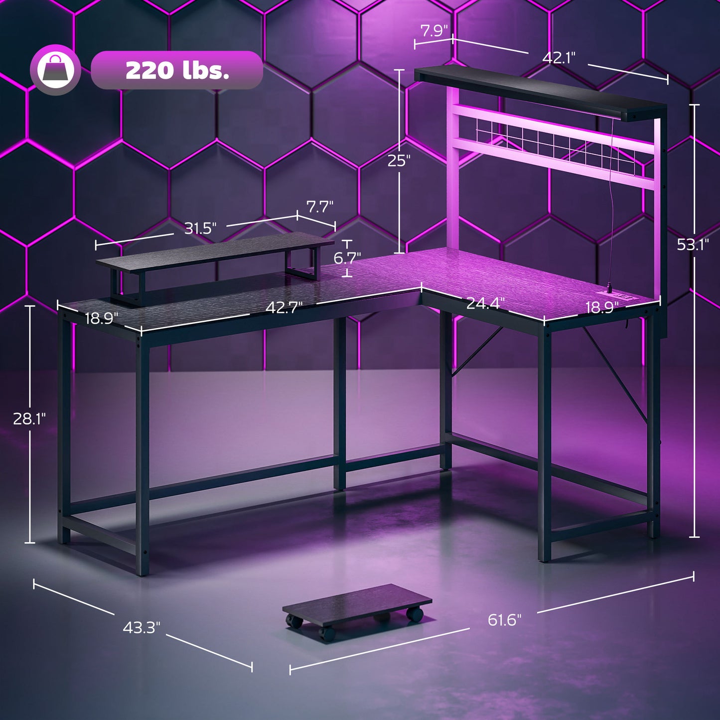 US Local 61.6 L Shaped Gaming Desk With Power Outlets & LED Lights, Computer Desk With Monitor Stand And CPU Shelf, Black