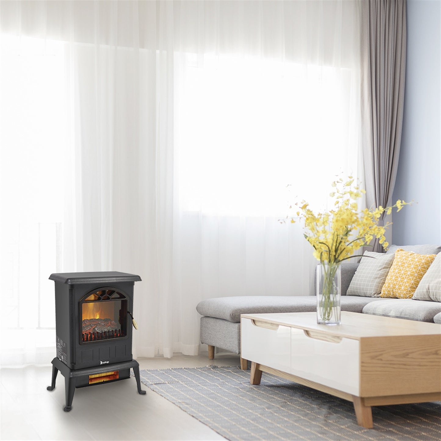 US Local 1500w Vertical Fireplace Machinery Fake Firewood Single Color 2 Quartz Tubes Black