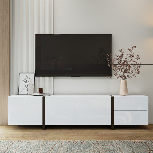 UK Local TV Cabinet, White High-gloss Cabinet And Black Contrasting Table Legs, With Simple Cabinet Doors And Drawers.