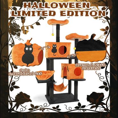 US Local Halloween Cat Tree, Large Cat Tower With 2 Spacious Cat Condos, 2 Padded Perches, 2 Hammocks, Scratching Posts, Hanging Toy, Multi-Level Cat Activities Furniture For Large Cats, Orange & Black