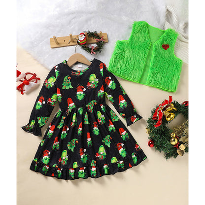US Local Toddler Kids Baby Girl Christmas Dress Outifts, Long Sleeves Cartoon Prints Party Dress With Heart Print Vest Coat Xmas Clothes Set