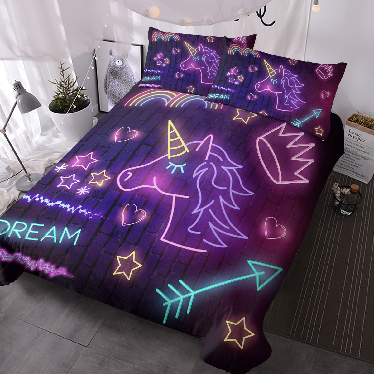 US & UK Local Star Bedding Neon  Pattern 3 Piece Black Duvet Cover Set