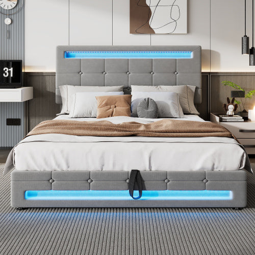 UK Local Upholstered Bed, Hydraulic Bed, Adults Teenagers 4ft6 Double Bed 135x190cm, Square Embellishment, With 7colors LED-light Strips, Velvet Iron, Grey