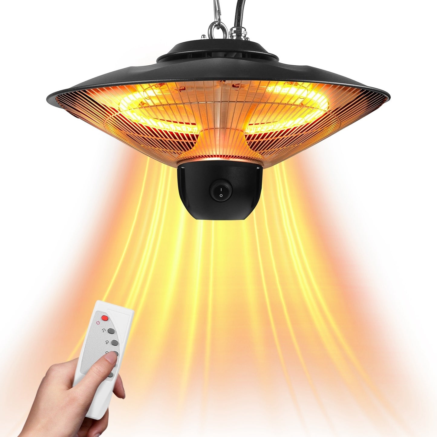 US Local 1500W Outdoor Patio Heater Electric Hanging Heated Ceiling Mounted Heating Lamp IP23 Waterproof With 3 Heating Levels 30Mins 60Mins Timer 2 Remote Control For Garage Balcony Courtyard