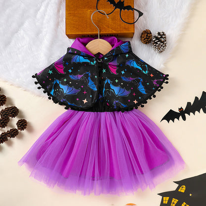 US Local Little Girls 2Pcs Halloween Outfits Sleeveless Tulle Dress With Hooded Cloak Set Clothes