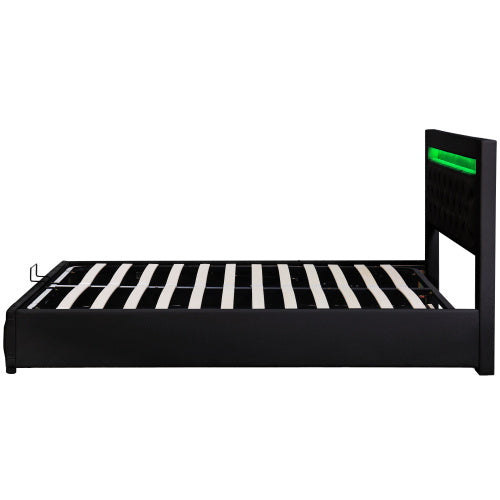 UK Local Upholstered Bed 135 X 190 Cm Functional Bed With Slatted Frame And Storage Space, LED Lighting In Different Colors, White, PU