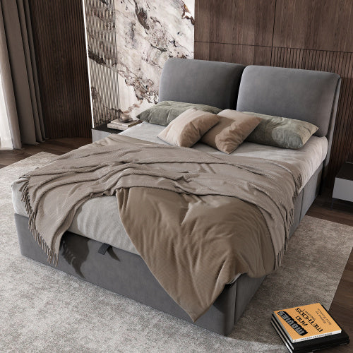 UK Local Upholstered Bed,Double Bed-4ft6  135x190cm  Hydraulic Bed, Three Drawers, Bed Box For Storage, Slatted Frame With Headboard, Without Mattress, Velvet, Grey
