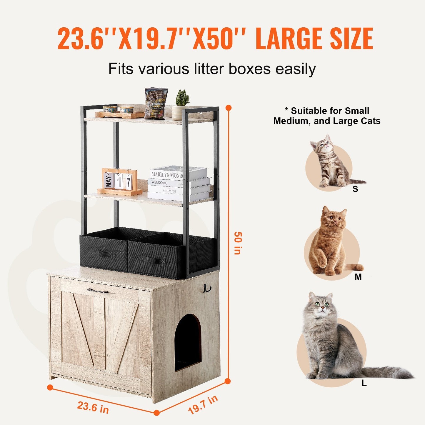 US Local VEVOR Cat Litter Box Enclosure Litter Box Furniture Hidden 2 Shelves & 2 Baskets