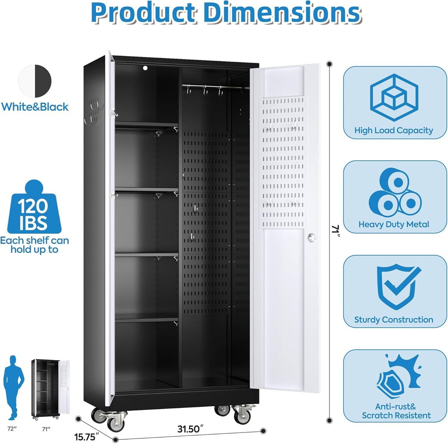 US Local Broom Closet Storage Cabinet, Metal Cabinets With 13 Hooks And Hanging Rods, Metal Storage Cabinet, Heavy Duty Cleaning Cabinet For Garage, Laundry Room