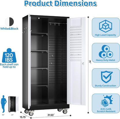 US Local Broom Closet Storage Cabinet, Metal Cabinets With 13 Hooks And Hanging Rods, Metal Storage Cabinet, Heavy Duty Cleaning Cabinet For Garage, Laundry Room