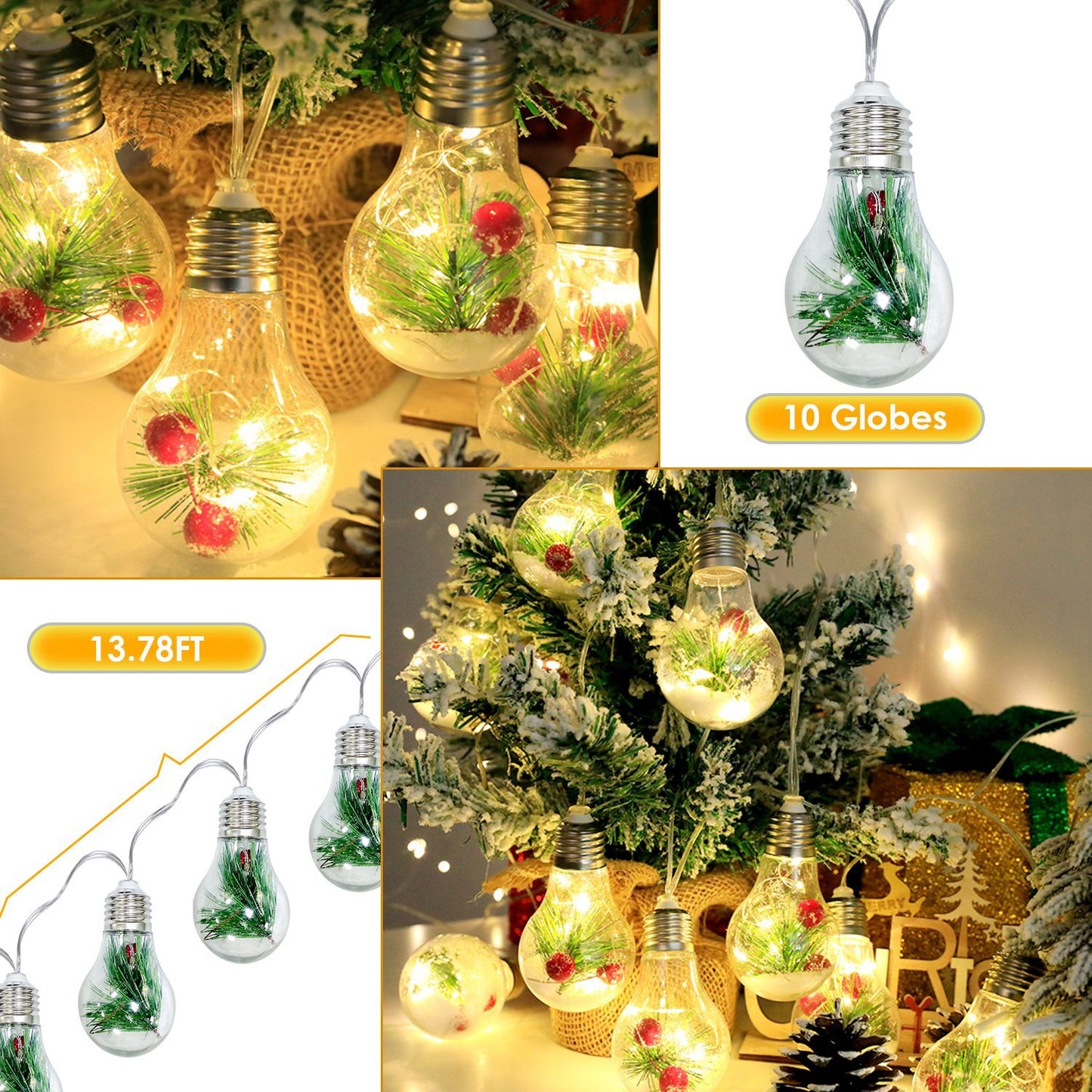 1Pc 13.78FT Christmas Snow Globe String Light Battery Powered 10 LED Bulbs Indoor Christmas Lights With Pine Needles Snowflakes Berries